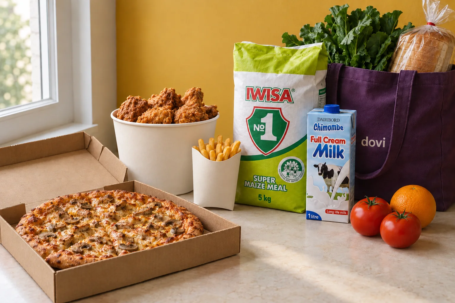 Pizza and fried chicken alongside IWISA maize meal, Dairibord milk and fresh groceries